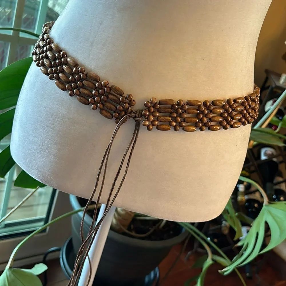Beaded Brown Wood Tie Belt